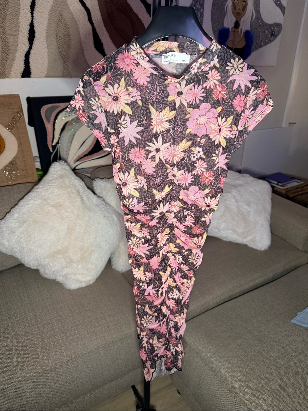 Bershka Pink Floral Mini Dress on Black Base